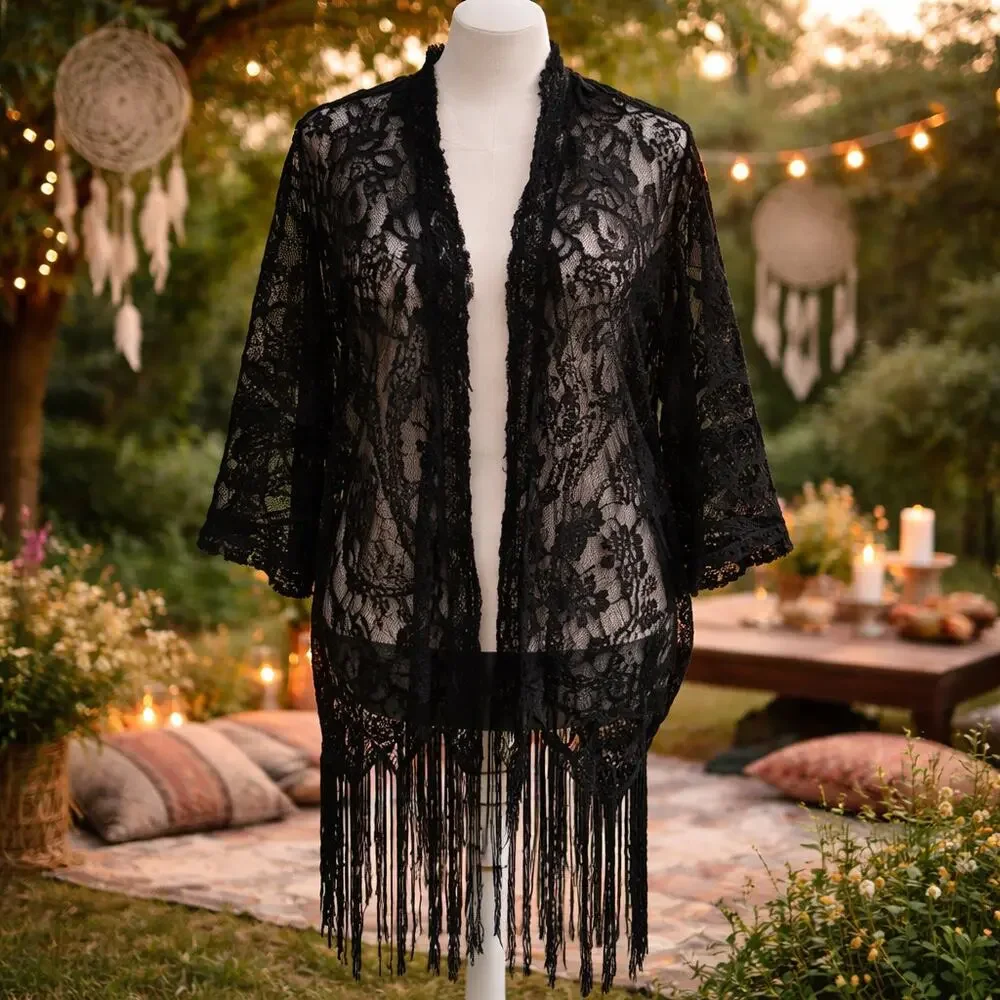 Womens Black Lace Kimono Fringe Shawl Sheer Boho Whimsigoth Layering One Size